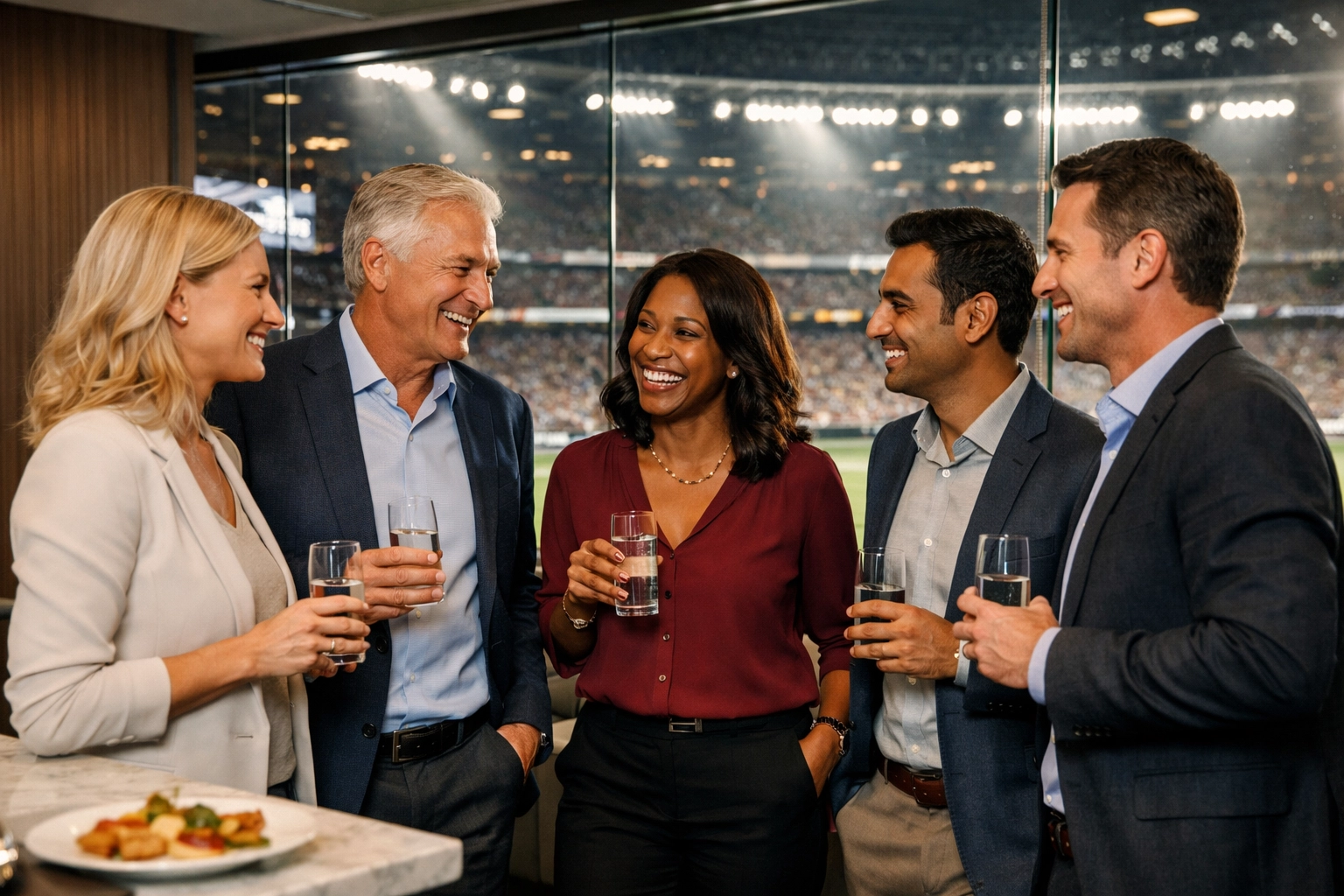 Business executives networking in a luxury stadium skybox during a high-stakes Super Bowl corporate event.