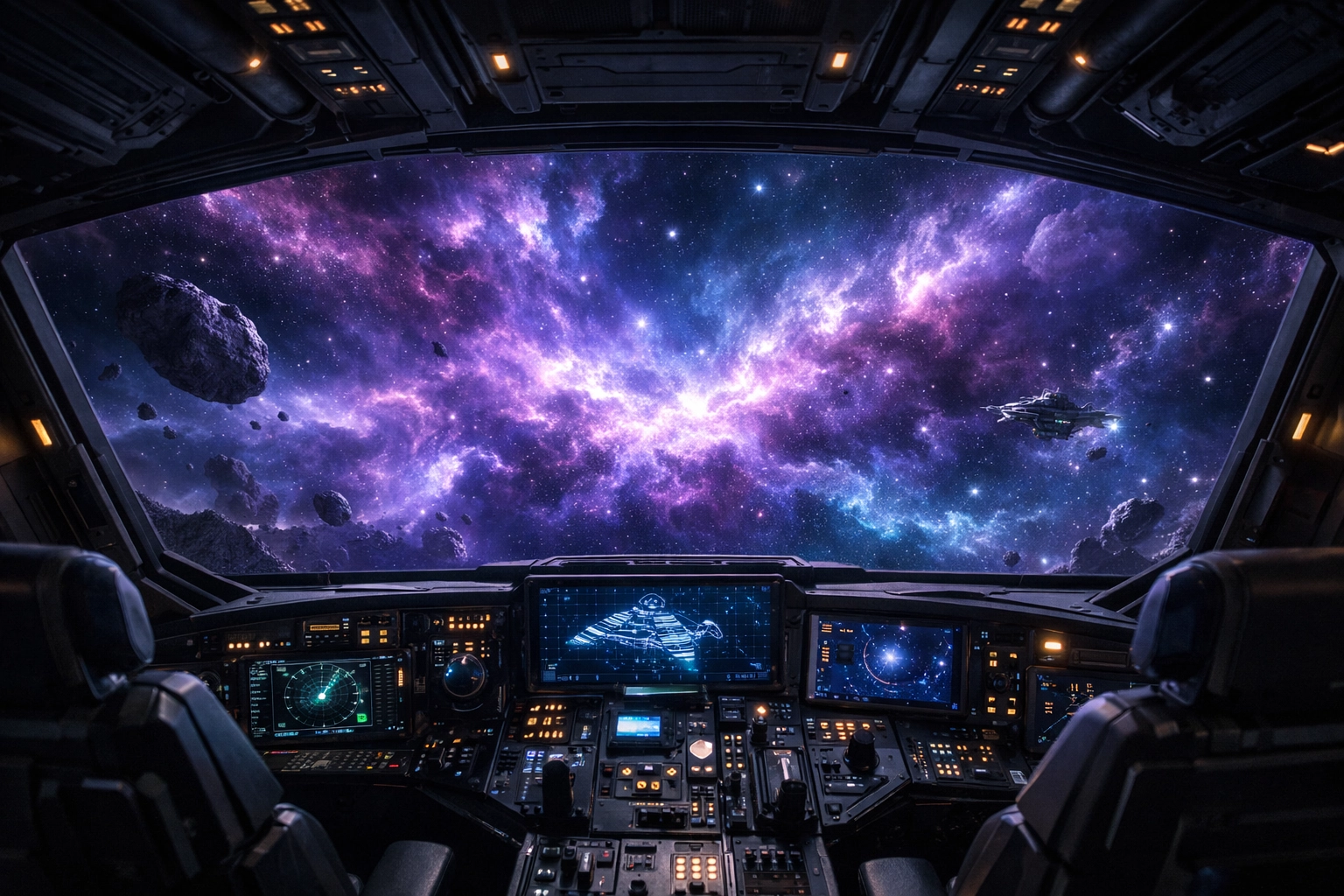 Cinematic view from a science fiction spacecraft cockpit overlooking a colorful glowing nebula.