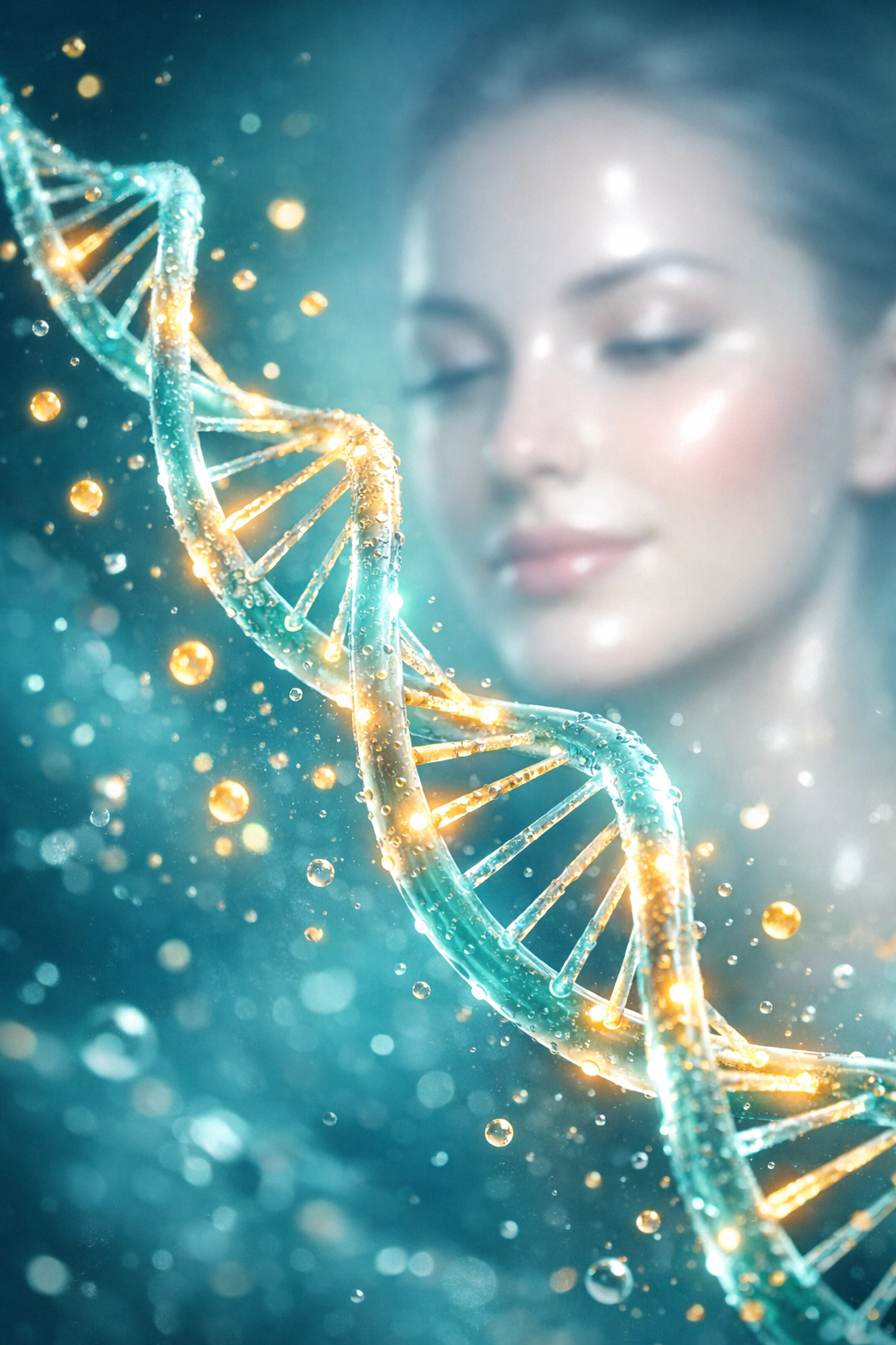 Visual representation of PDRN Salmon DNA strands for cellular skin repair and a radiant glass skin glow.