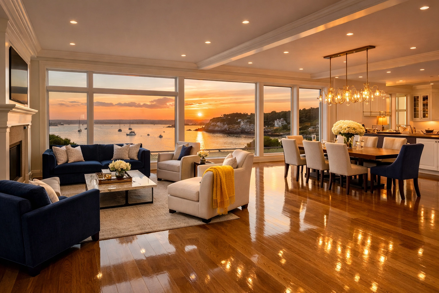 Polished high-end living room floors highlighting Marblehead luxury cleaning secrets.