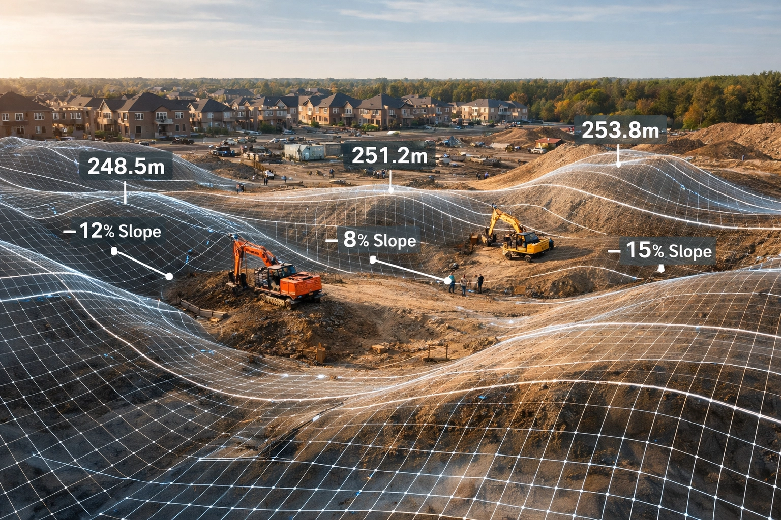 Ontario construction site drone view with professional site grading and topographical contour overlays.