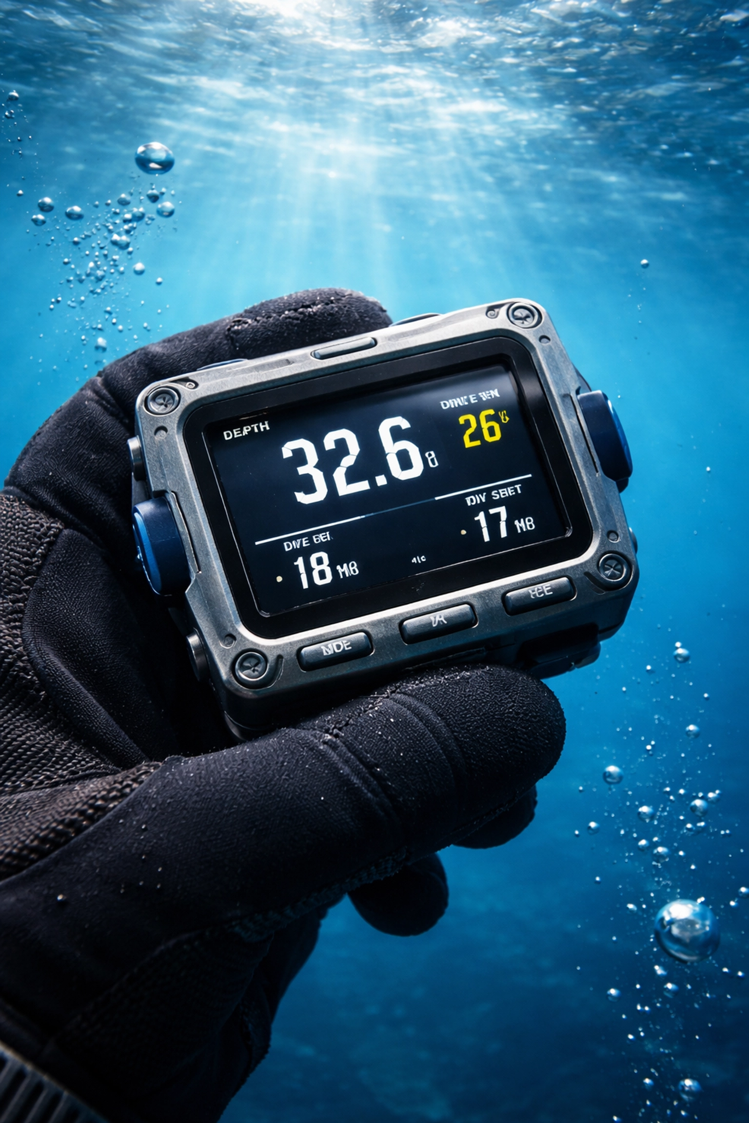 Nahaufnahme eines Tauchers mit Shearwater Perdix 2 Tauchcomputer unter Wasser, LCD-Display gut lesbar