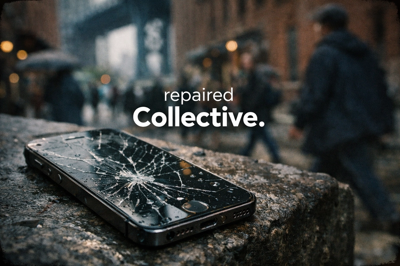 Shattered iPhone screen on a Brooklyn street showing water damage risk while using phone with cracked screen.
