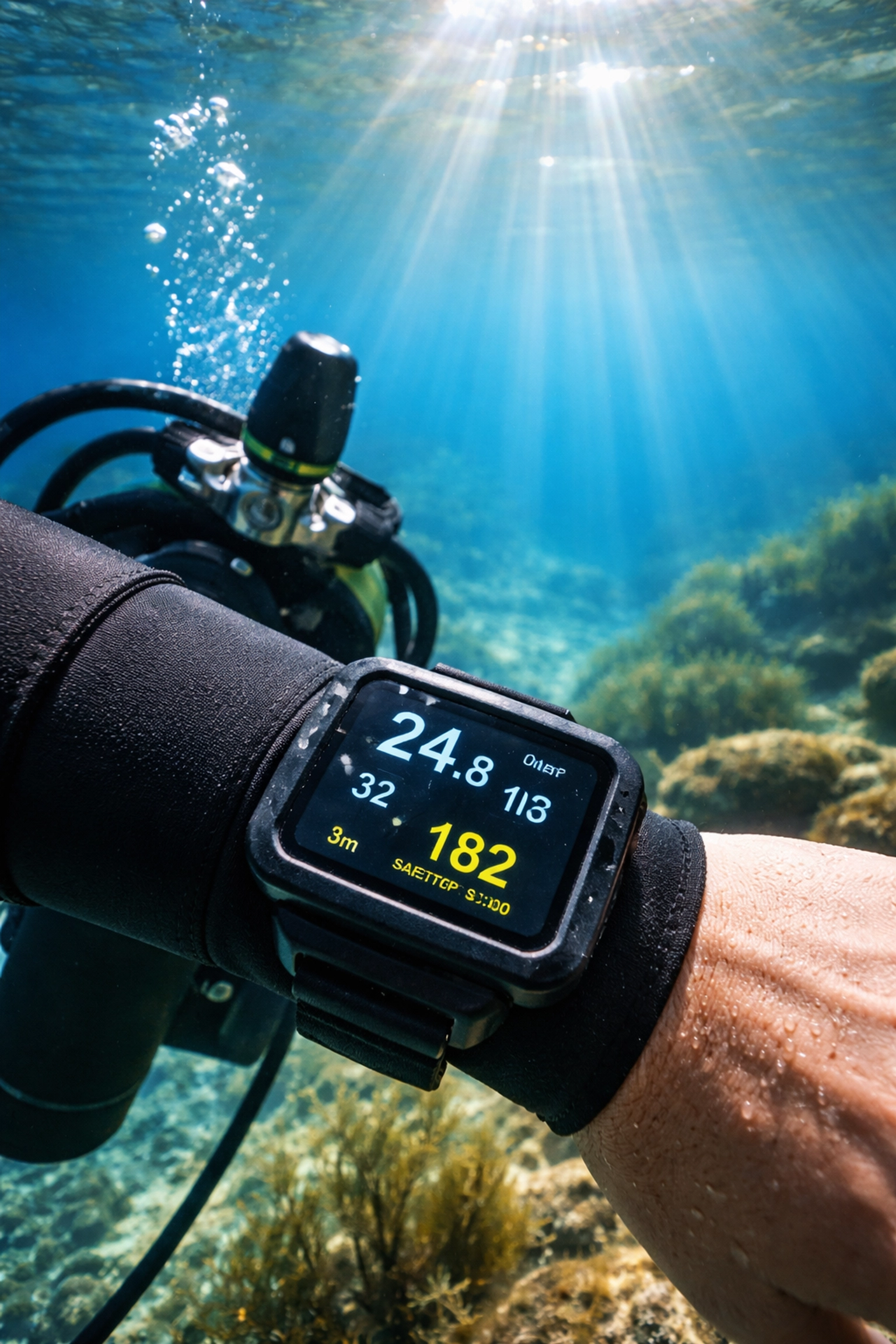 Taucher prüft modernen luftintegrierten Tauchcomputer unter Wasser im klaren See mit Sonnenstrahlen