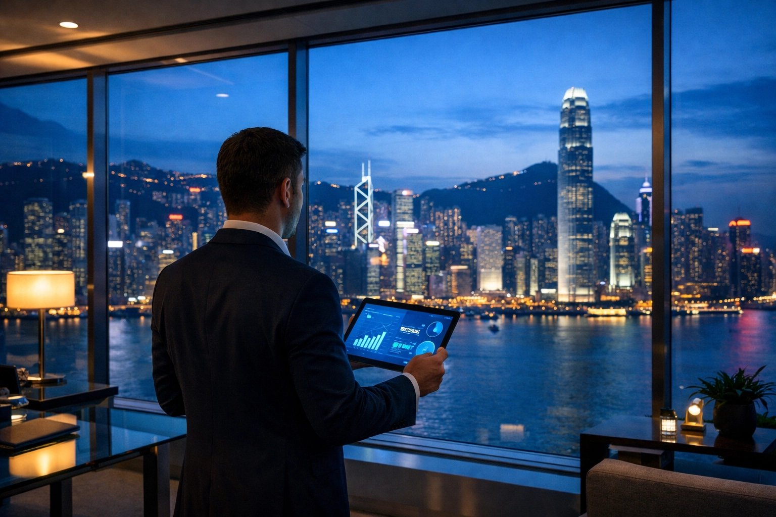 Marketing executive in Hong Kong monitoring real-time data for DOOH venue targeting performance.