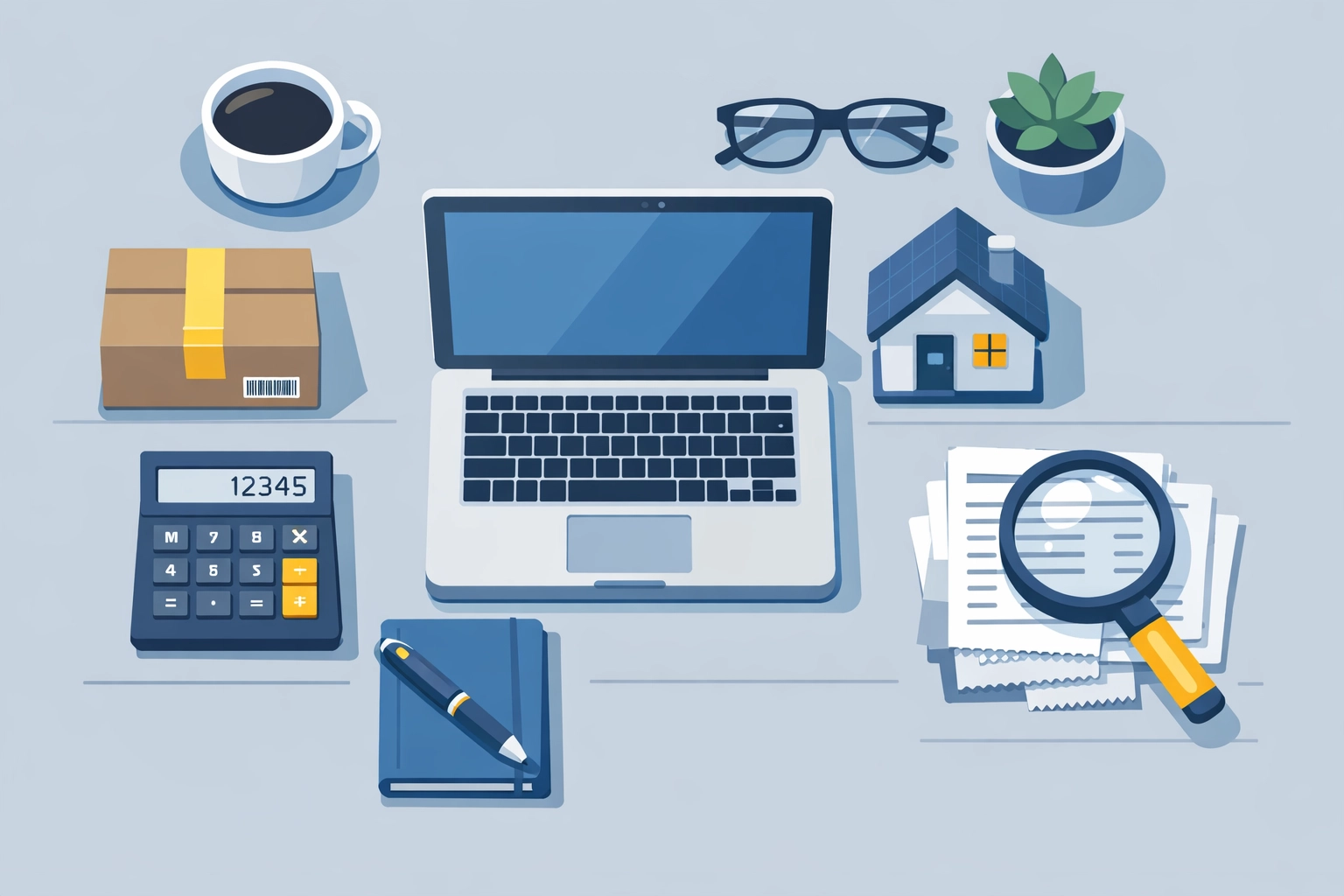 Freelancer workspace with receipts and calculator illustrating tax deduction planning for New Haven businesses.