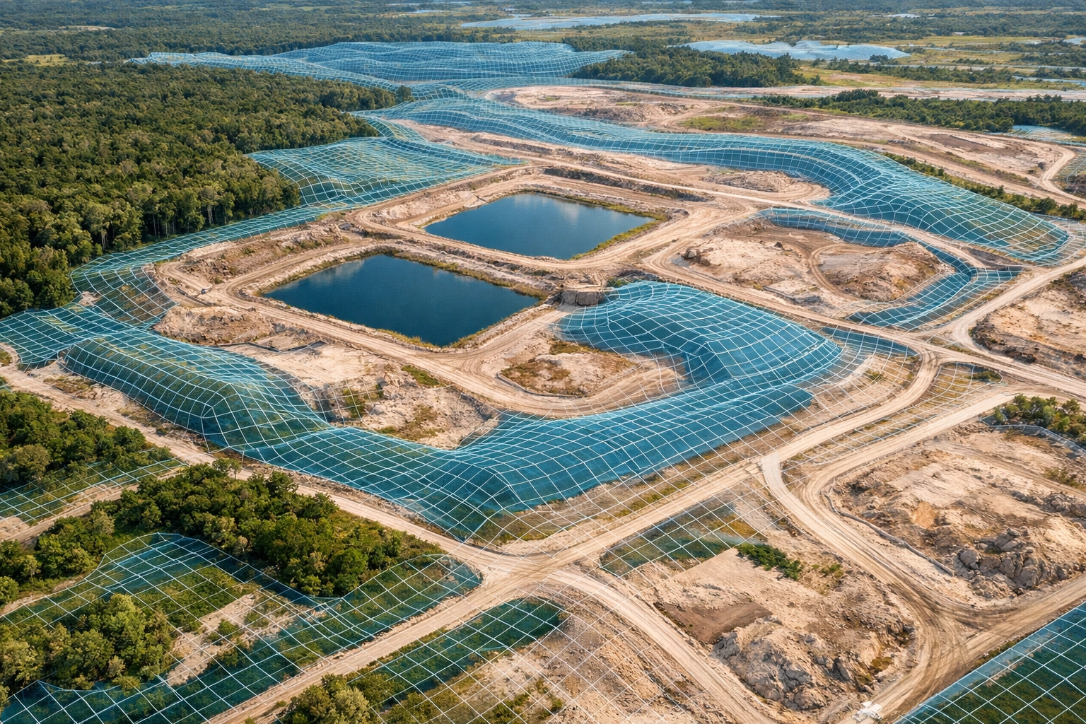 Aerial top-down view of a Southwest Florida development site with a digital 3D mesh terrain overlay.