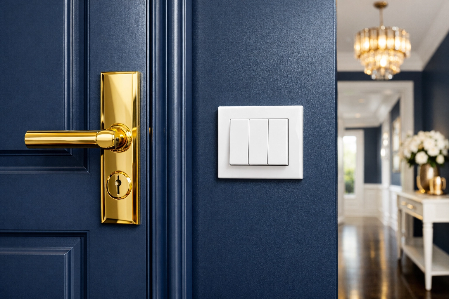 Close-up of a clean brass door handle and light switch in a luxury entryway, highlighting high-touch surface cleaning.
