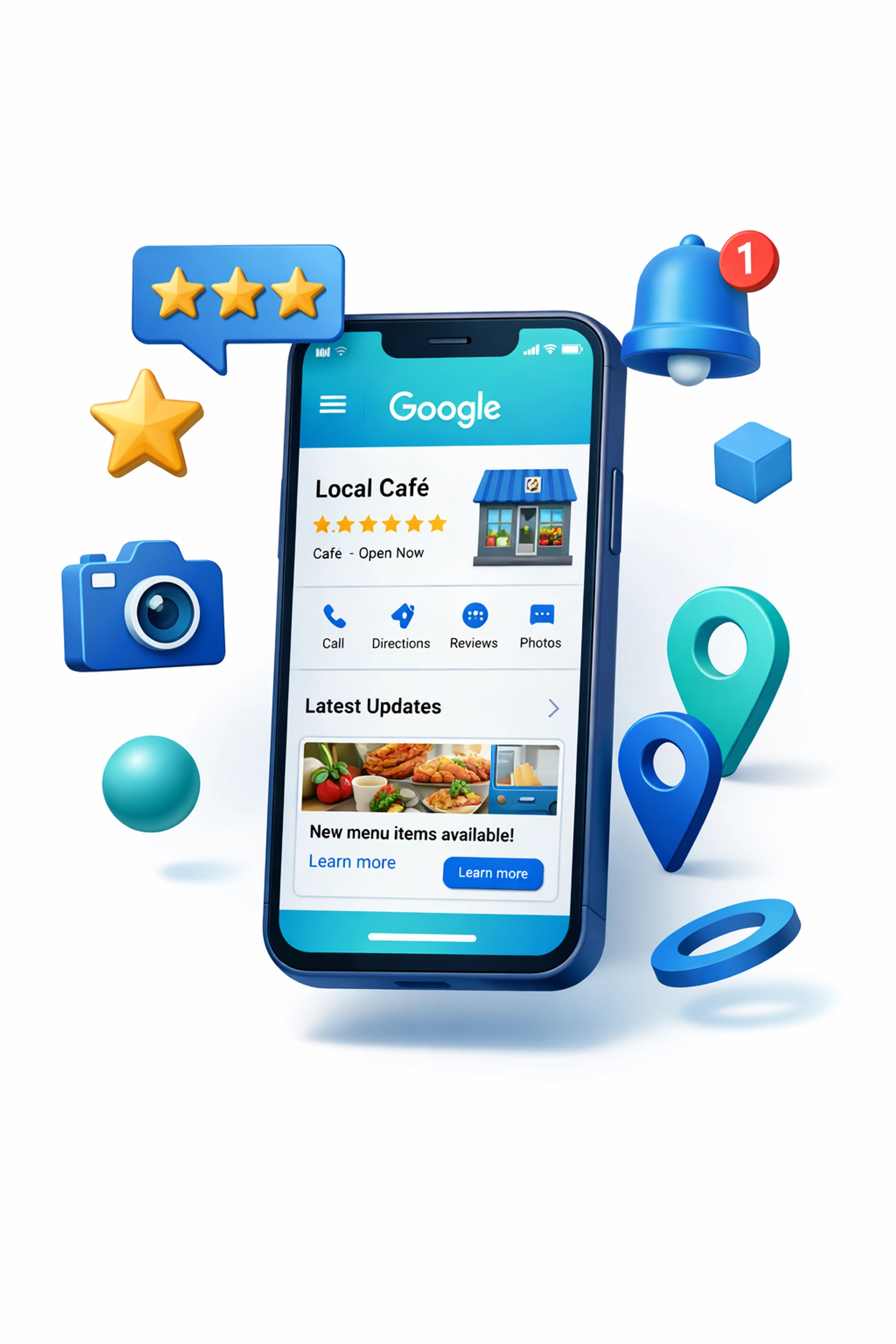 Google Business Profile on mobile phone with reviews and location features for local SEO