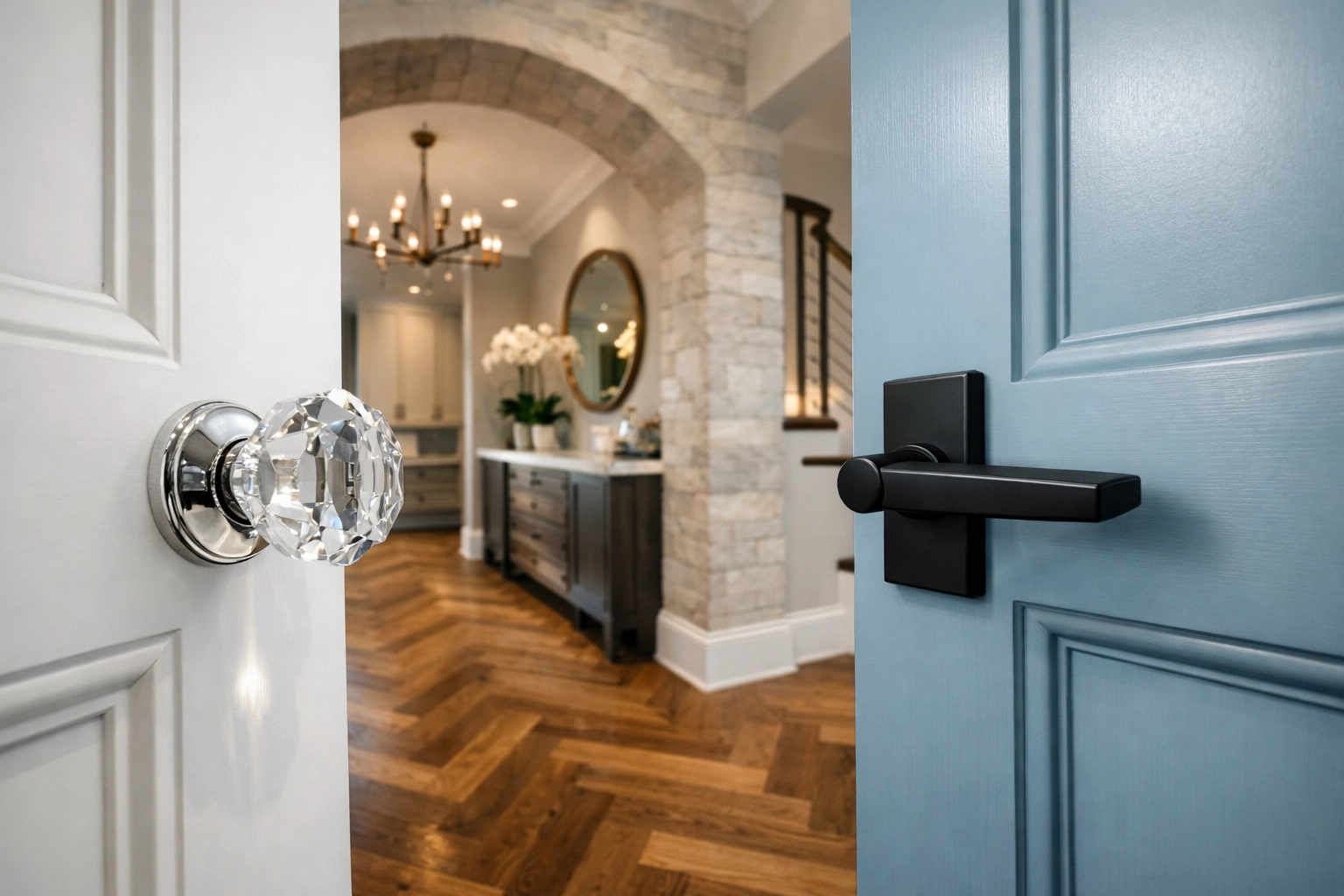Interior view of luxury doors featuring a crystal knob and a modern matte black door lever.