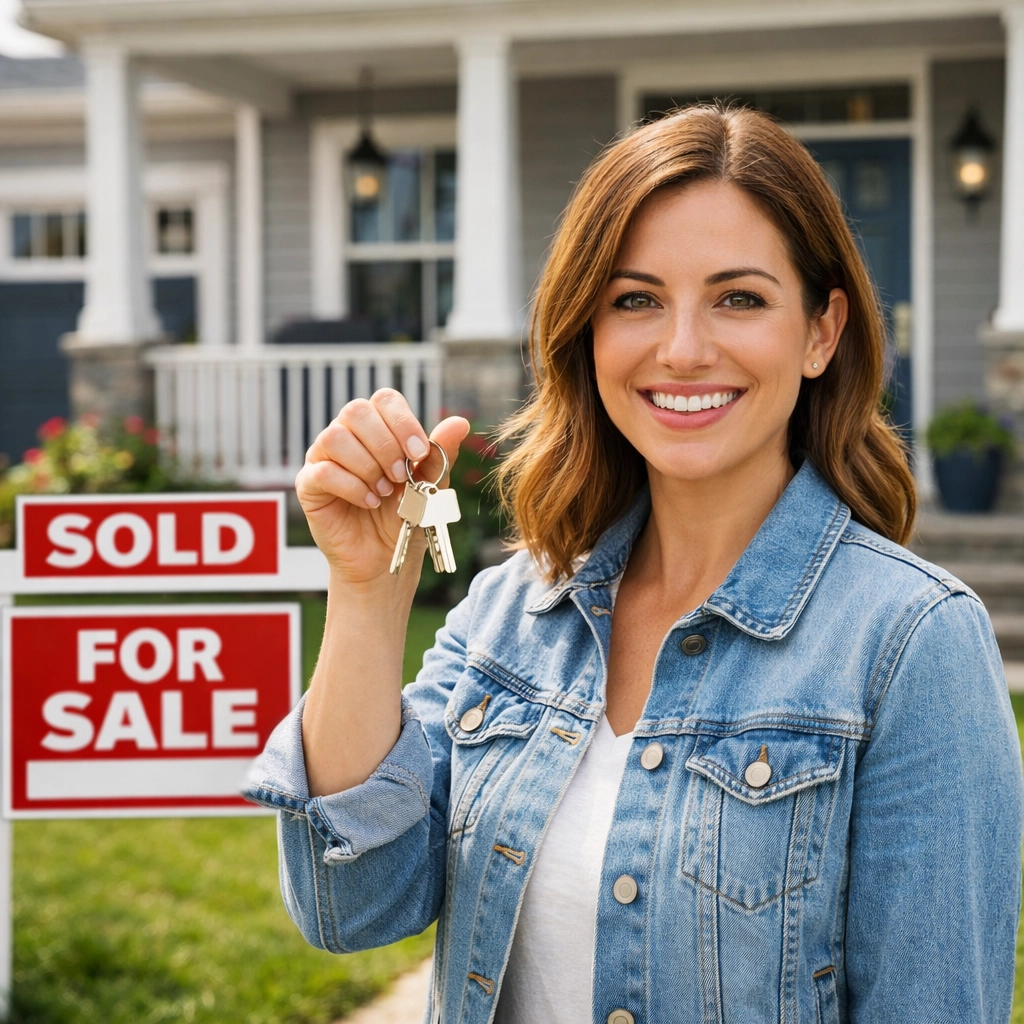 Happy first-time homebuyer holding keys in front of her new home with sold sign