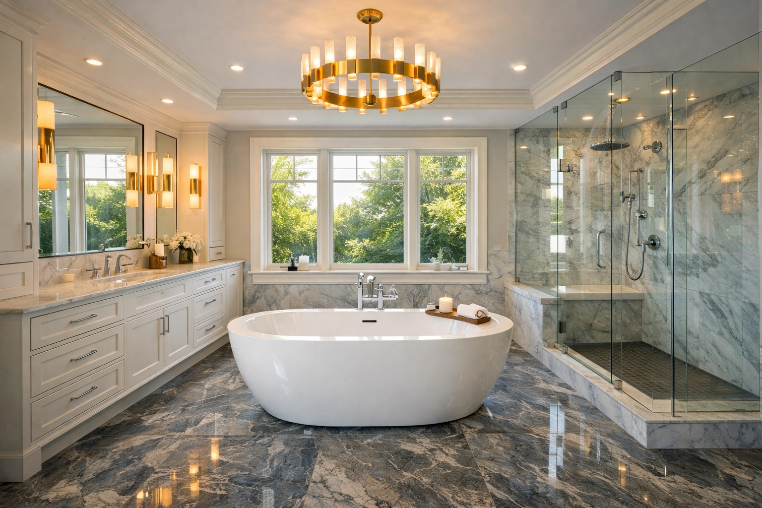 Pristine master bathroom in a Carlisle estate featuring a soaking tub and polished stone floors.