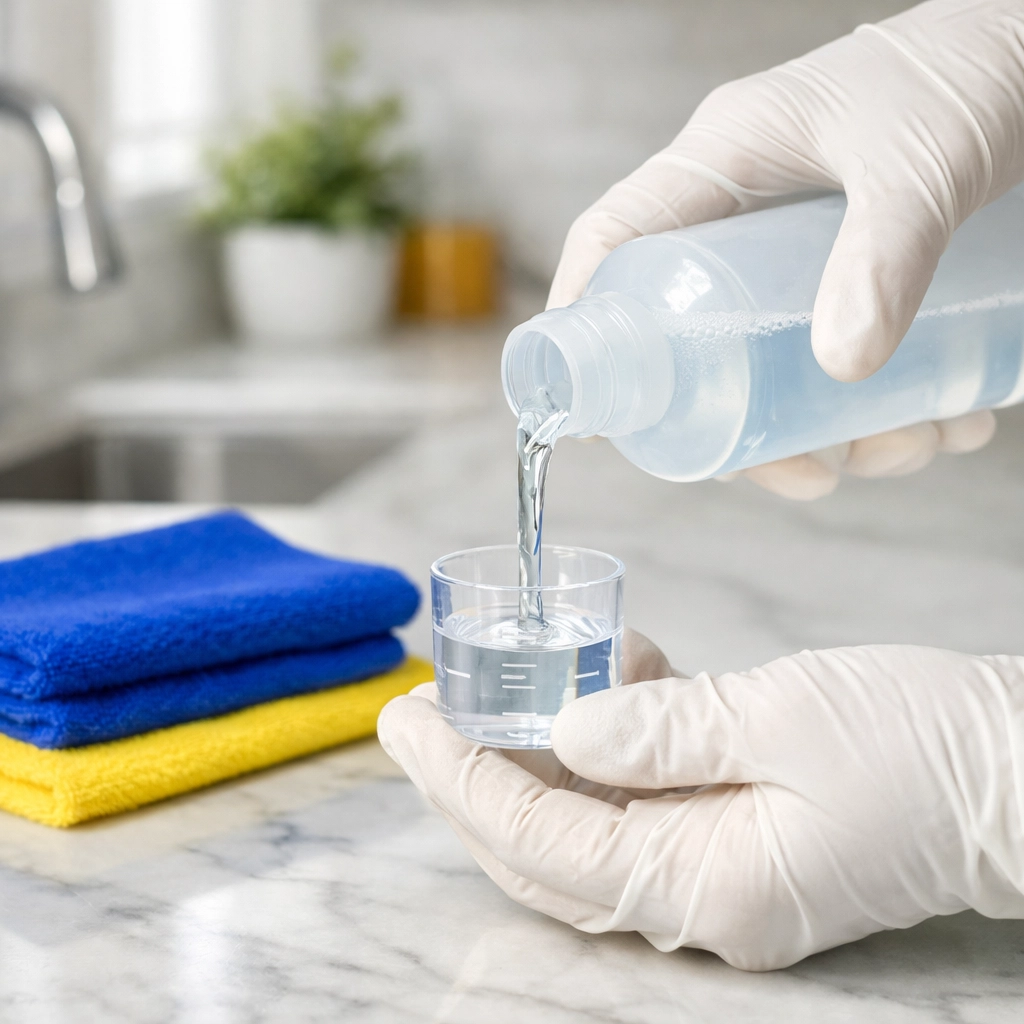 Professional cleaner measuring a liquid solution for house cleaning in Townsend MA on a marble counter.