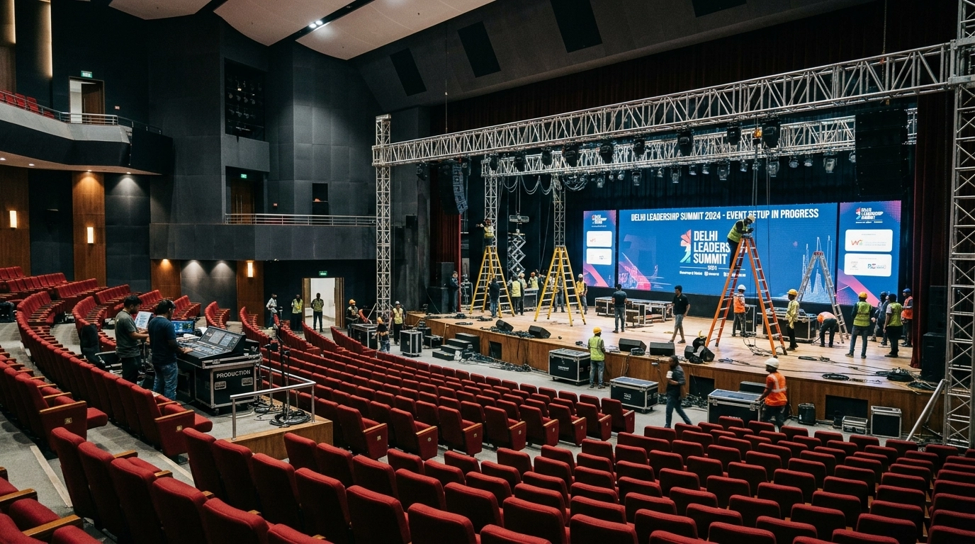 The bustle of a corporate event setup at NCUI Auditorium