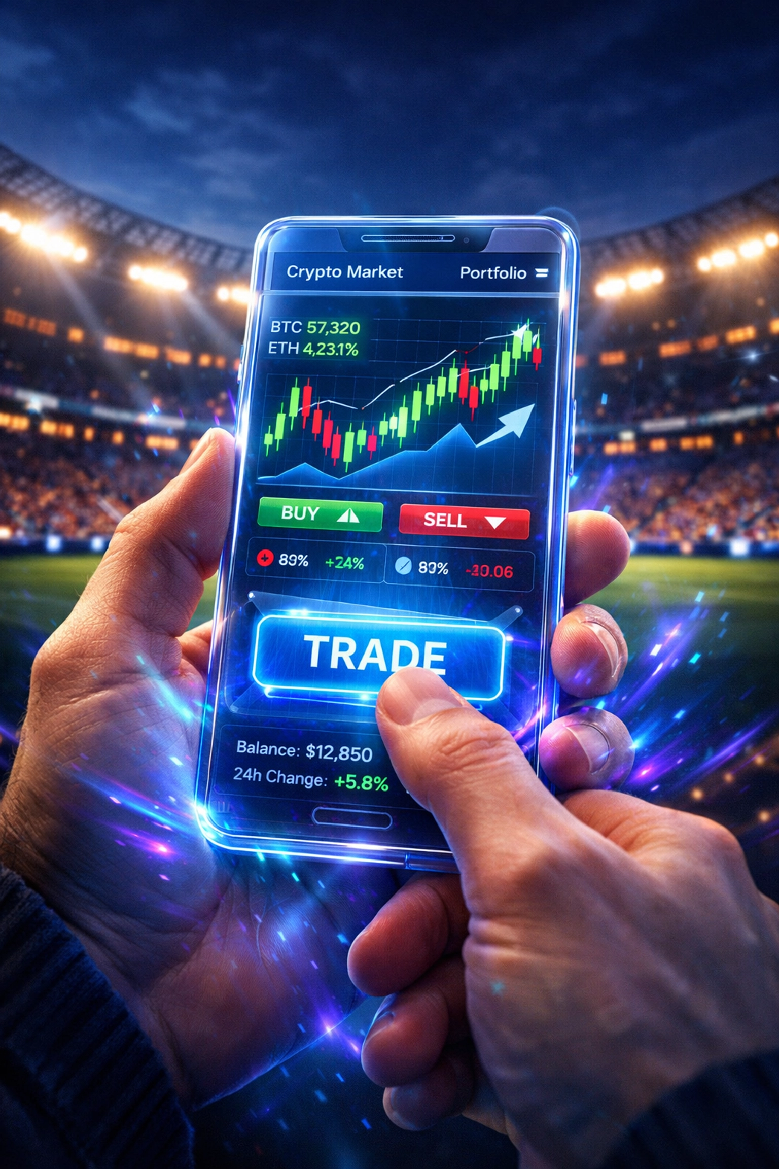 Smartphone app displaying a sports token trading interface with a football stadium background.