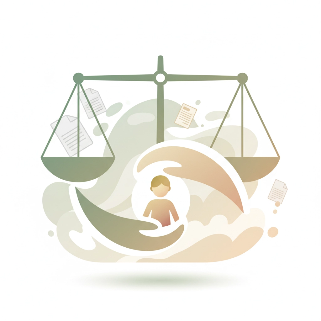 Abstract icon set: shield, scale, chat bubble in muted greens, representing protection, fairness and communication