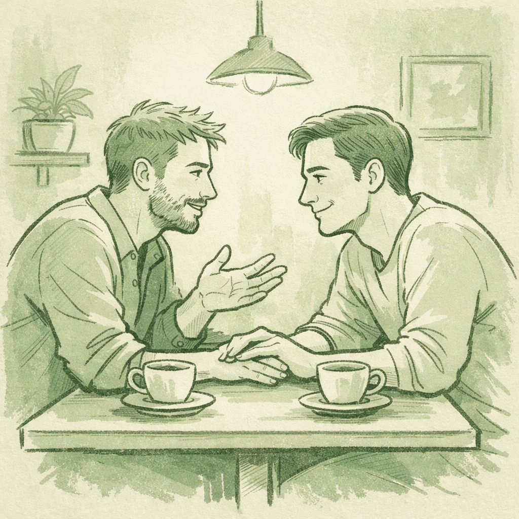 Two men in deep conversation at café - emotional connection in character-driven MM romance