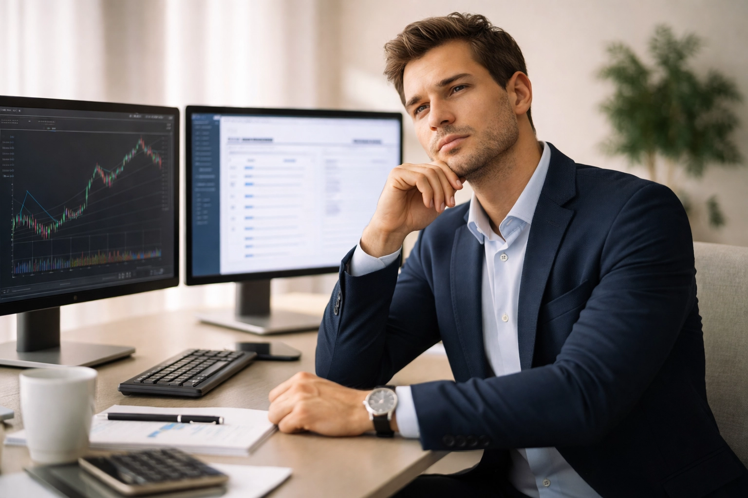 Solo financial advisor at desk with monitors displaying charts and CRM, highlighting administrative burden.