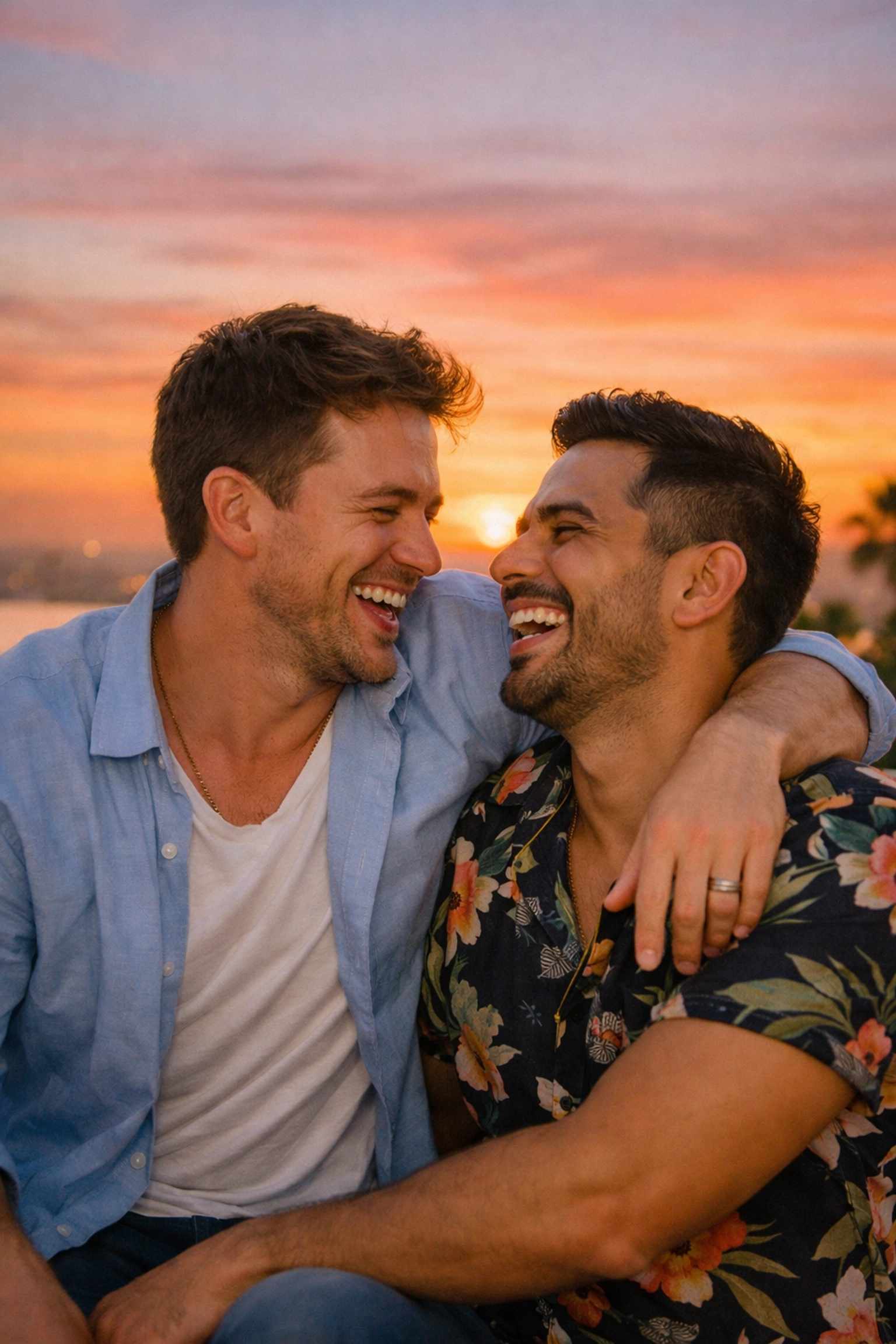 A happy gay couple laughing together on a balcony, capturing a heartfelt moment in an MM romance book.