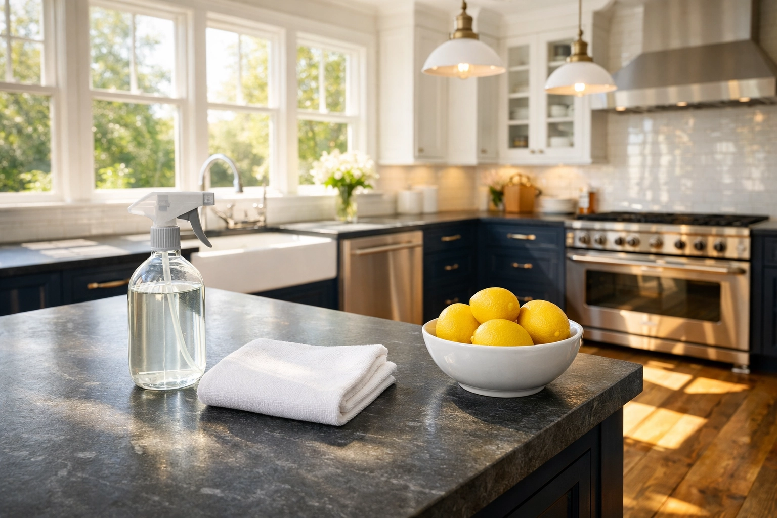 Eco-friendly products used for Norwell Luxury Cleaning Secrets in a high-end estate kitchen.