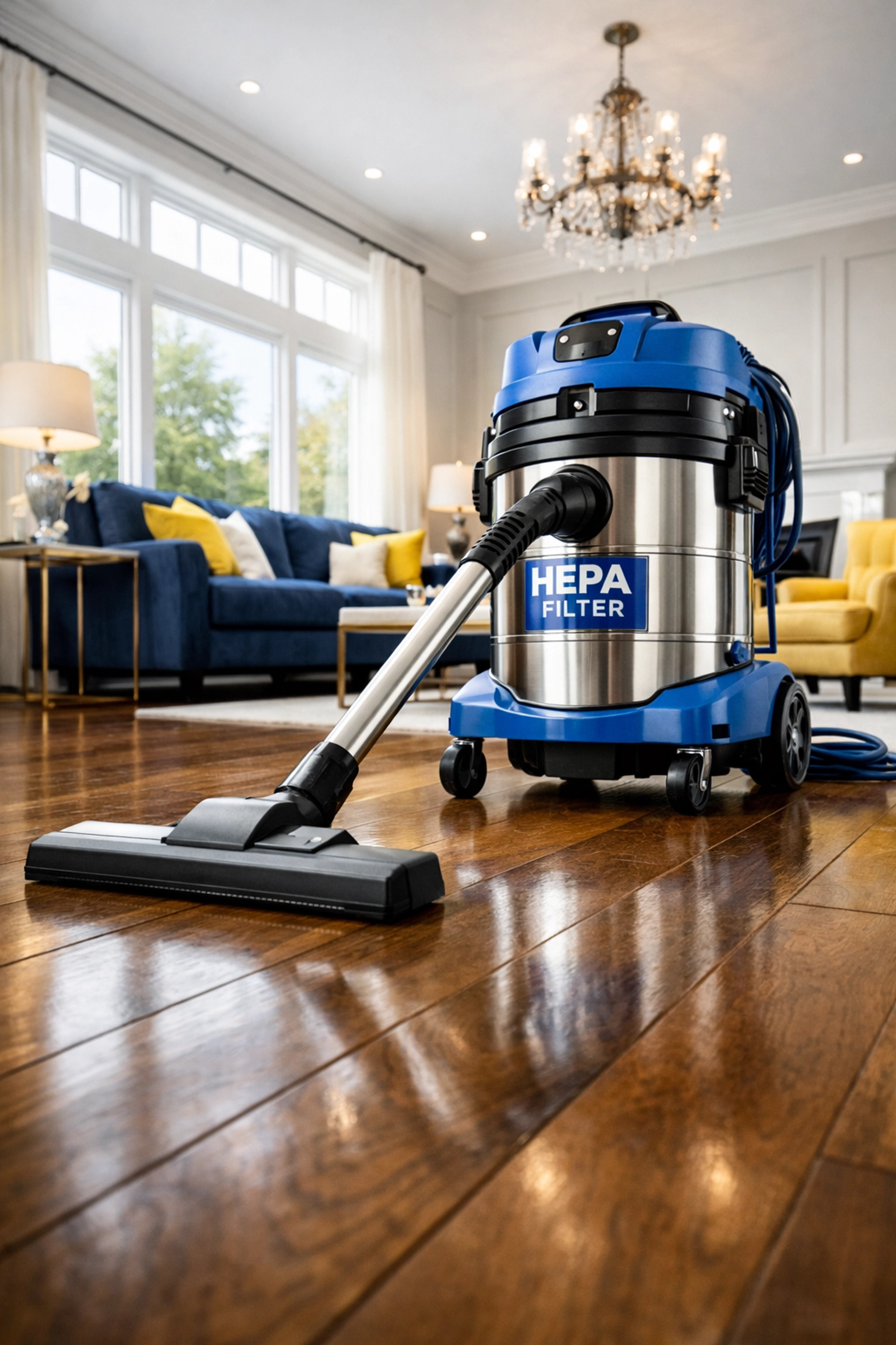 Using a HEPA vacuum for post construction cleaning in Bedford to remove drywall dust from hardwood floors.
