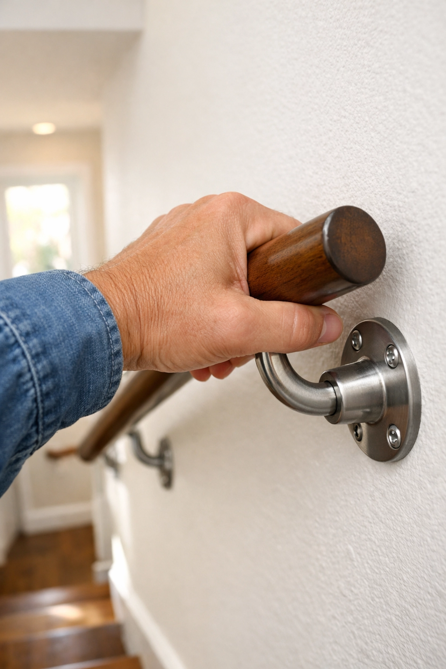Checking the sturdiness of a wall-mounted handrail bracket for reliable stair support and safety.