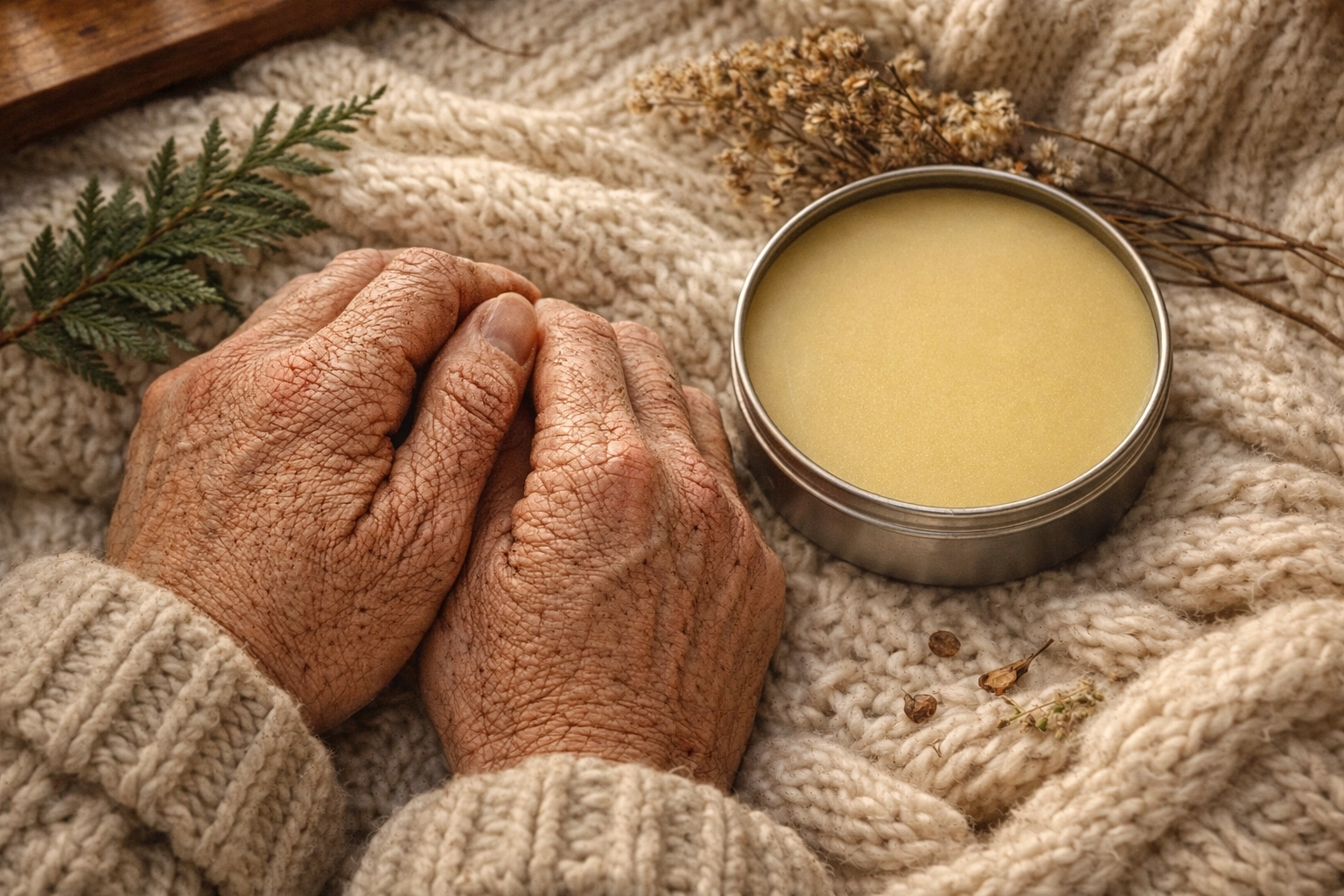 Cracked dry hands with tallow balm tin for natural winter skin healing