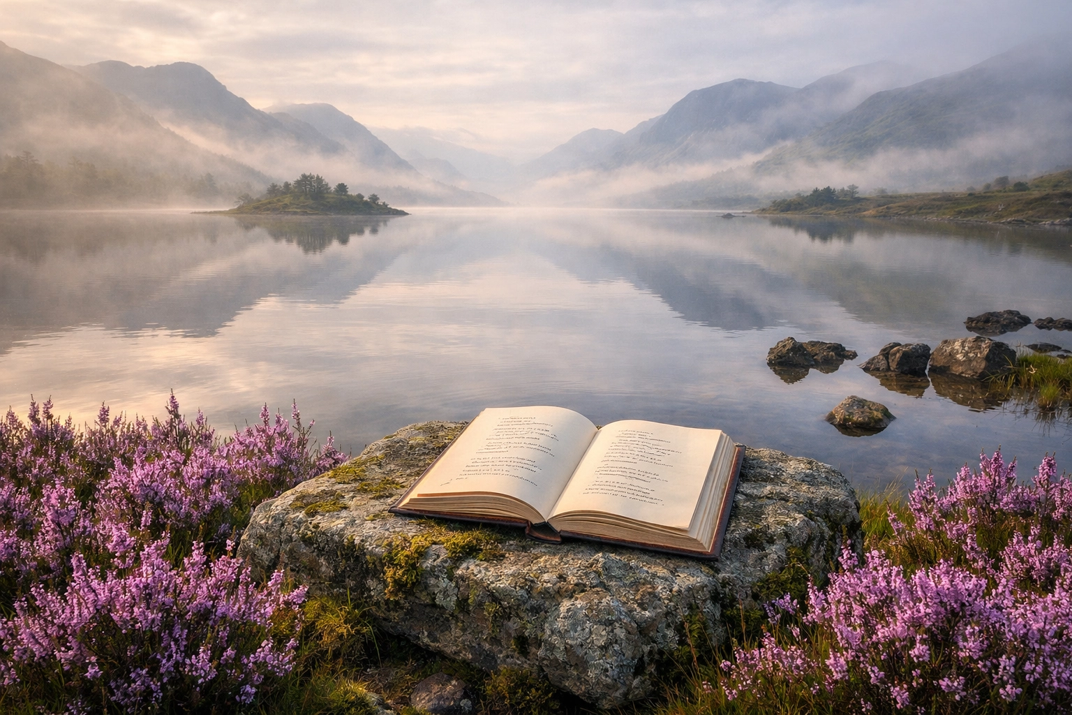 An open book of poetry resting on a mossy stone overlooking a misty, peaceful Scottish loch.