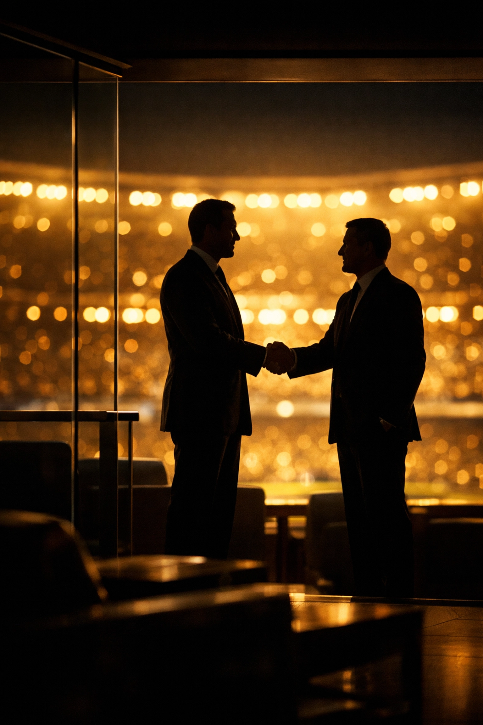 Business leaders shaking hands in a luxury stadium suite at night to close a partnership deal.