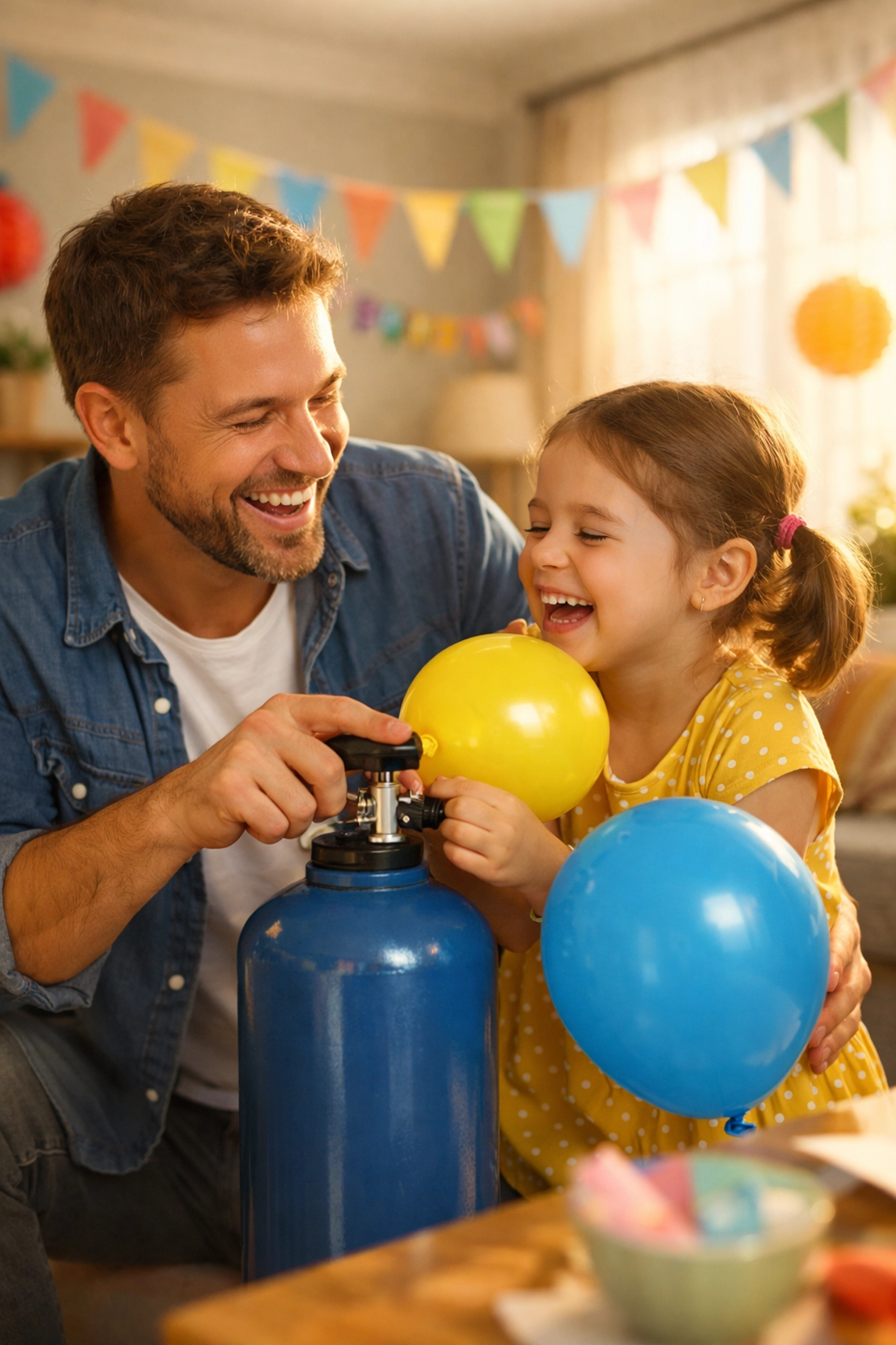 Father and daughter using a refillable helium gas bottle to inflate balloons for a birthday party.