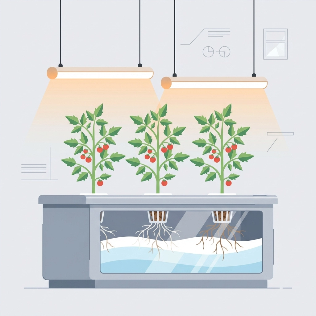 Indoor hydroponic tomato growing setup with grow lights and water reservoirs illustrating advanced indoor cultivation.