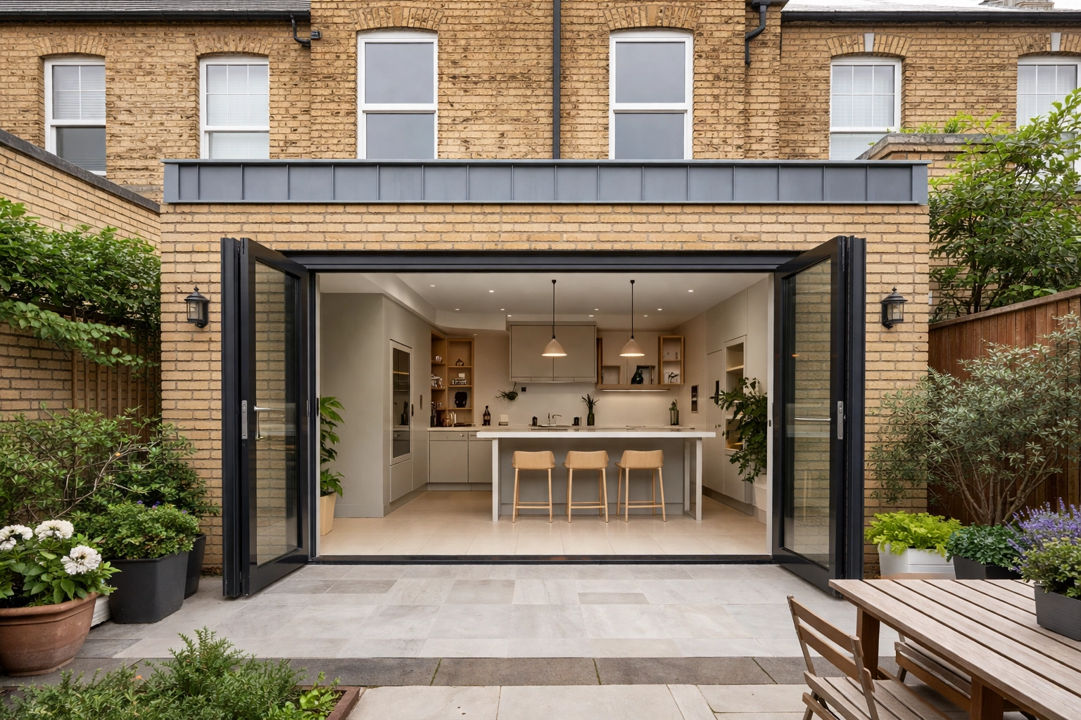 Modern kitchen extension with bi-fold doors on a London Victorian terraced house