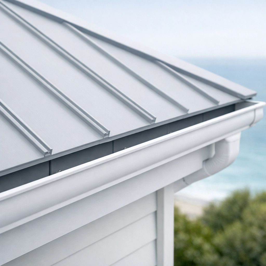 Close-up of clean metal roofing and debris-free gutters on a well-maintained house in Sydney's Northern Beaches.