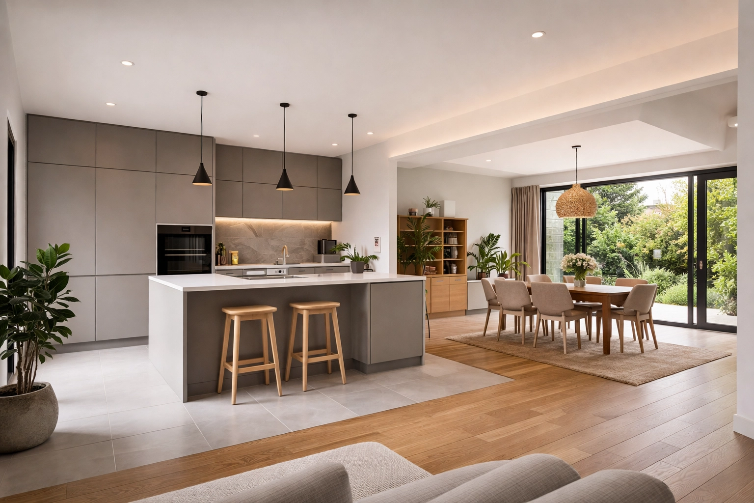 Modern open-plan kitchen extension with subtle zone separation between kitchen and dining areas