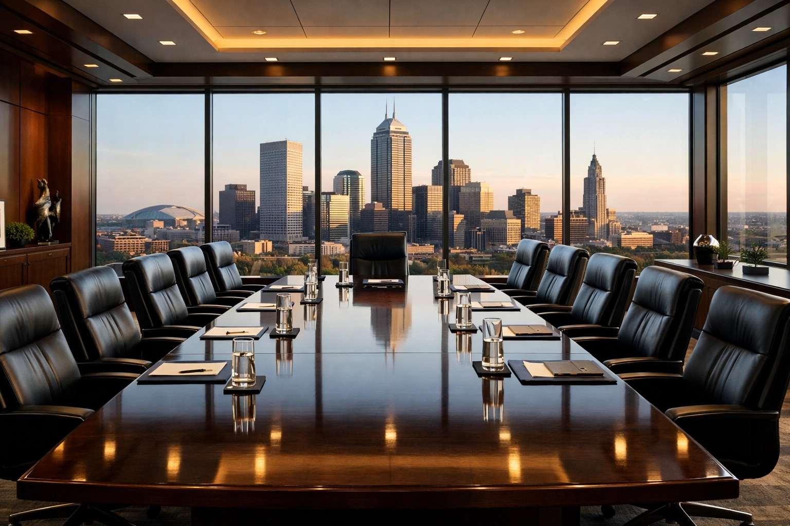 Impeccably clean corporate boardroom in Indianapolis with a polished table and professional metropolitan finish.
