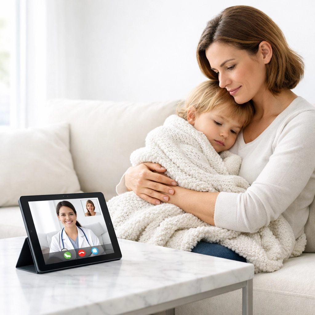 Mother using virtual urgent care in Illinois to treat a sick child from home via a telehealth video call.