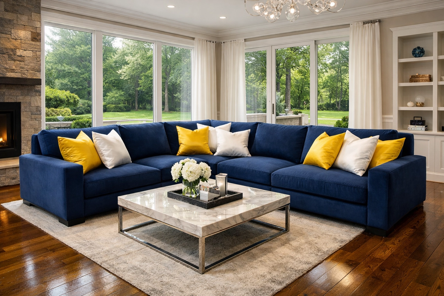 Spotless modern living room in Pepperell featuring clean upholstery and polished hardwood floors.