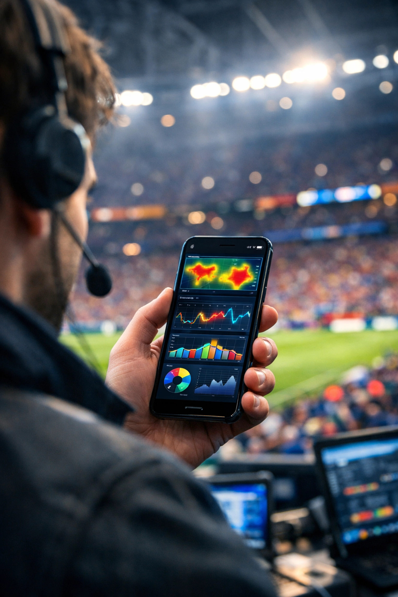 Digital media strategist monitoring real-time fan engagement analytics on a smartphone at a live sports event.