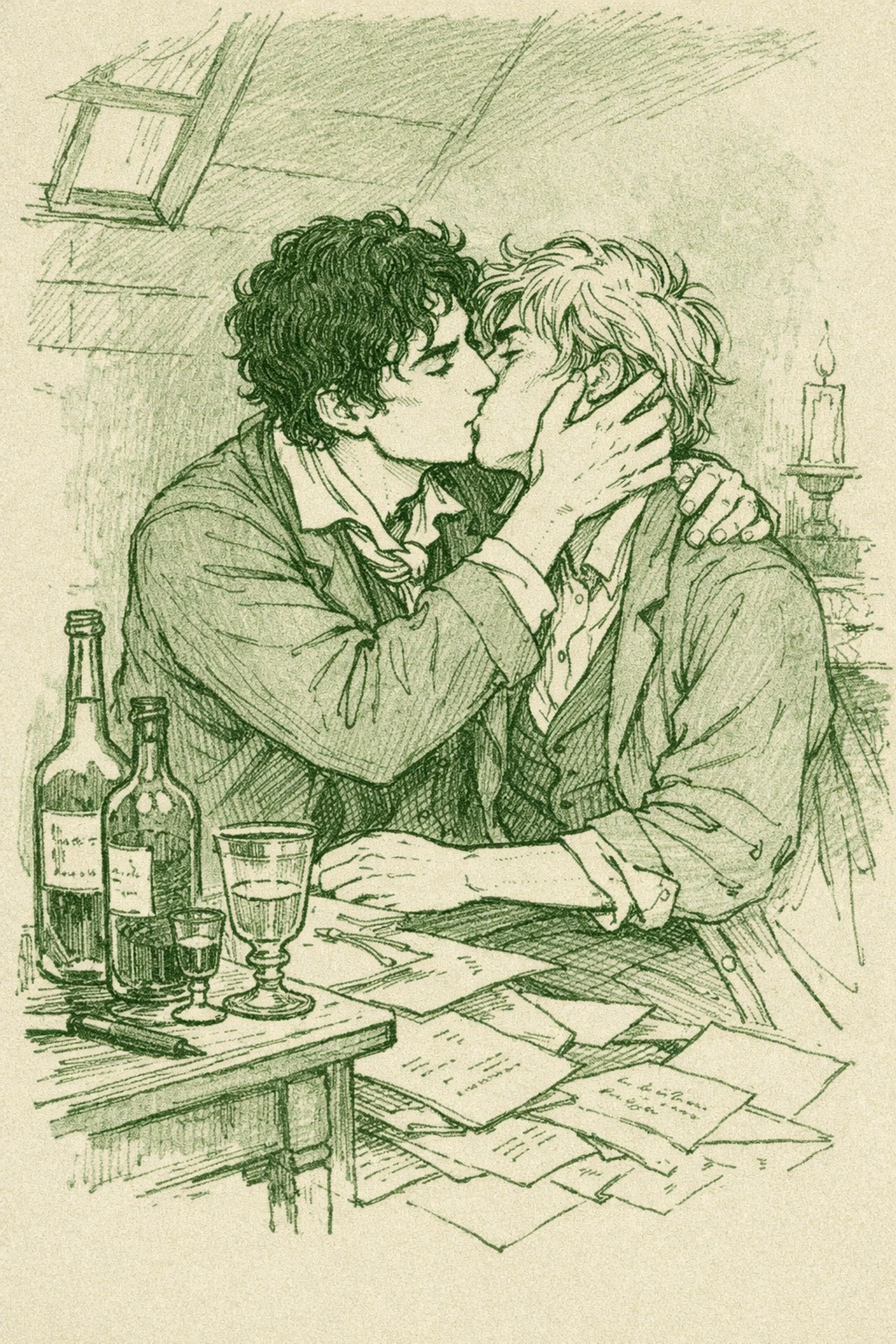 Gay poets Rimbaud and Verlaine embracing in Montmartre with absinthe bottles and manuscripts