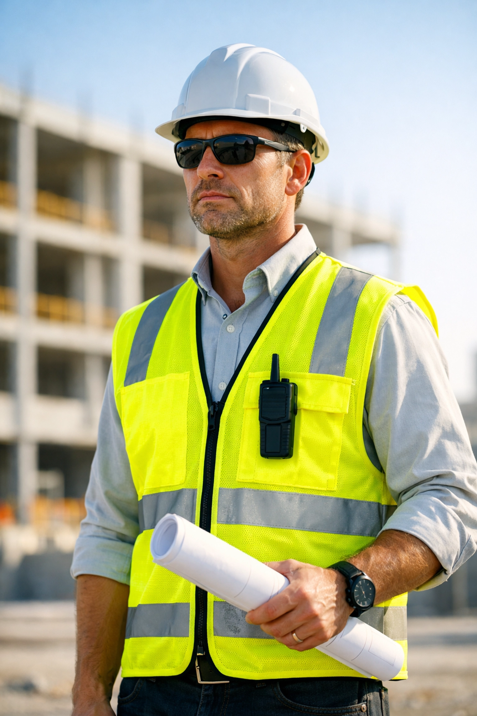Construction manager wearing a custom neon yellow safety vest on a sun-drenched job site.