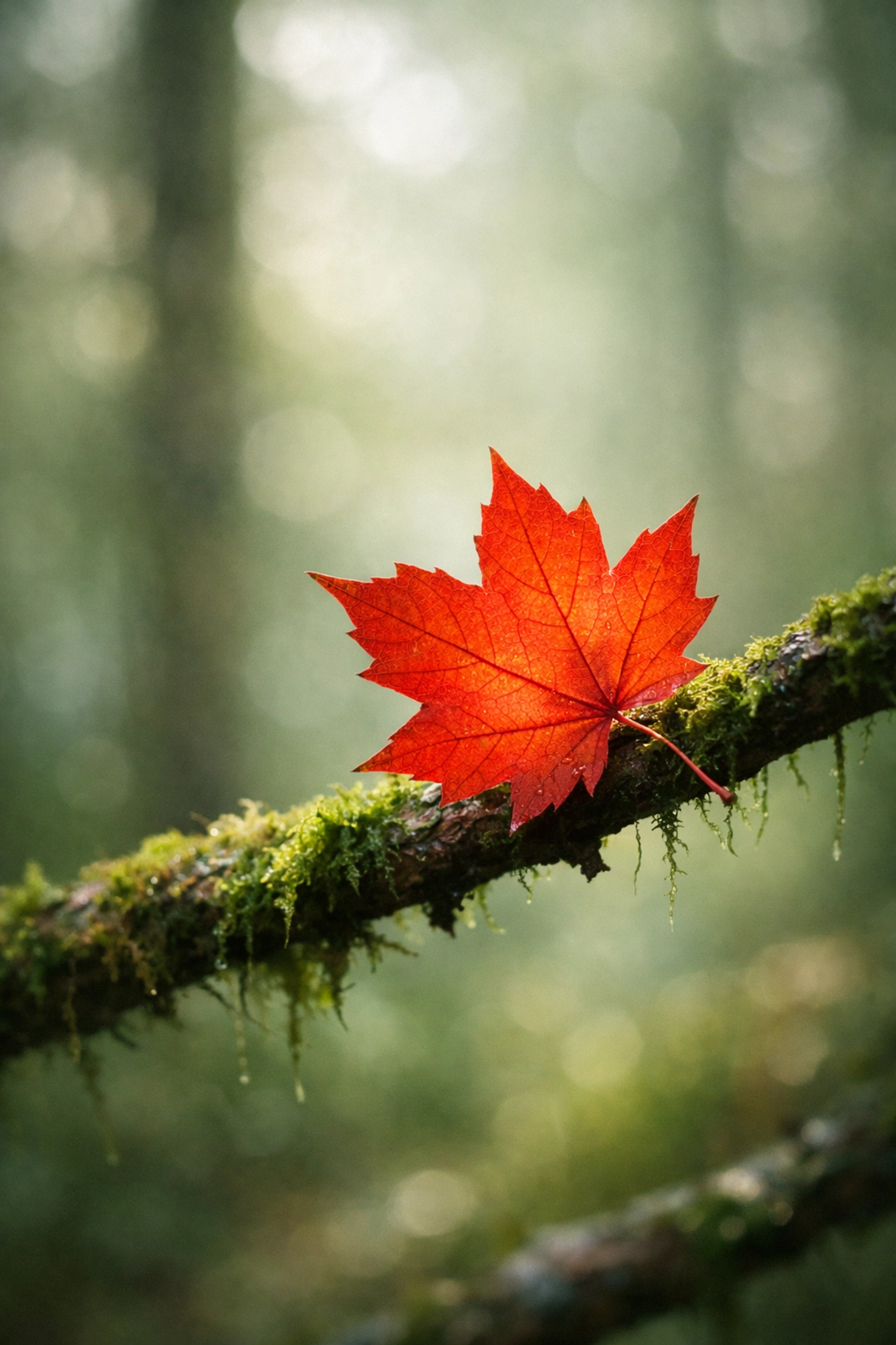 Selective focus in landscape photography showing a sharp red leaf against a soft, blurry forest background.