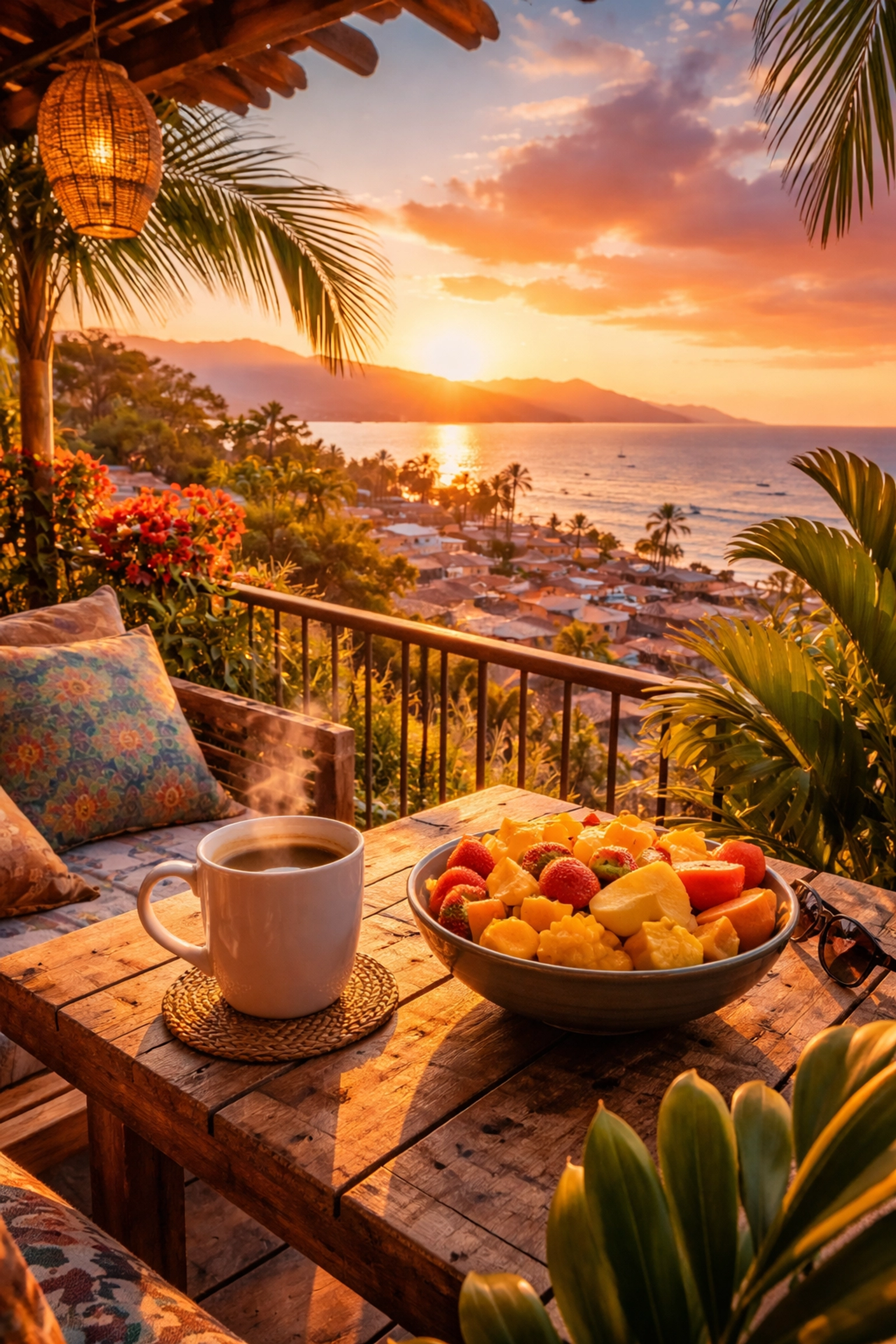Balcony terrace view of Puerto Vallarta condo with ocean, mountains, coffee, and tropical fruit, ideal for long-term rental stays