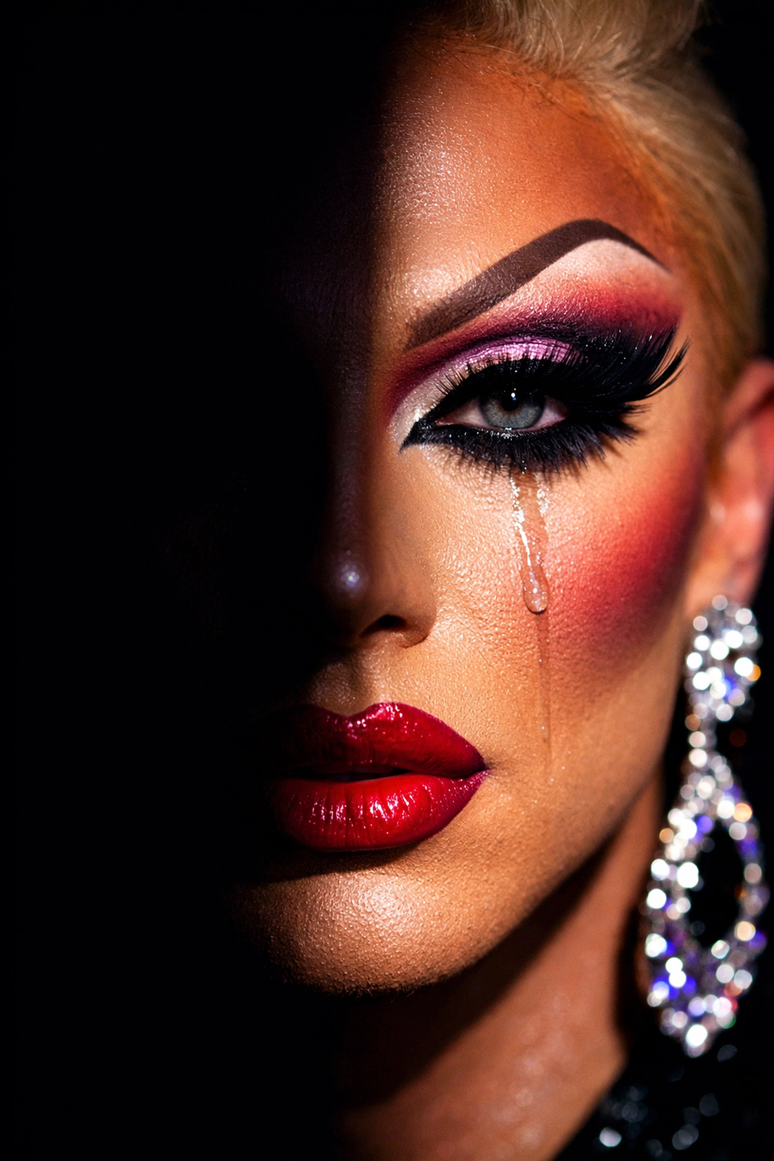 Drag queen experiencing imposter syndrome and emotional vulnerability in performance