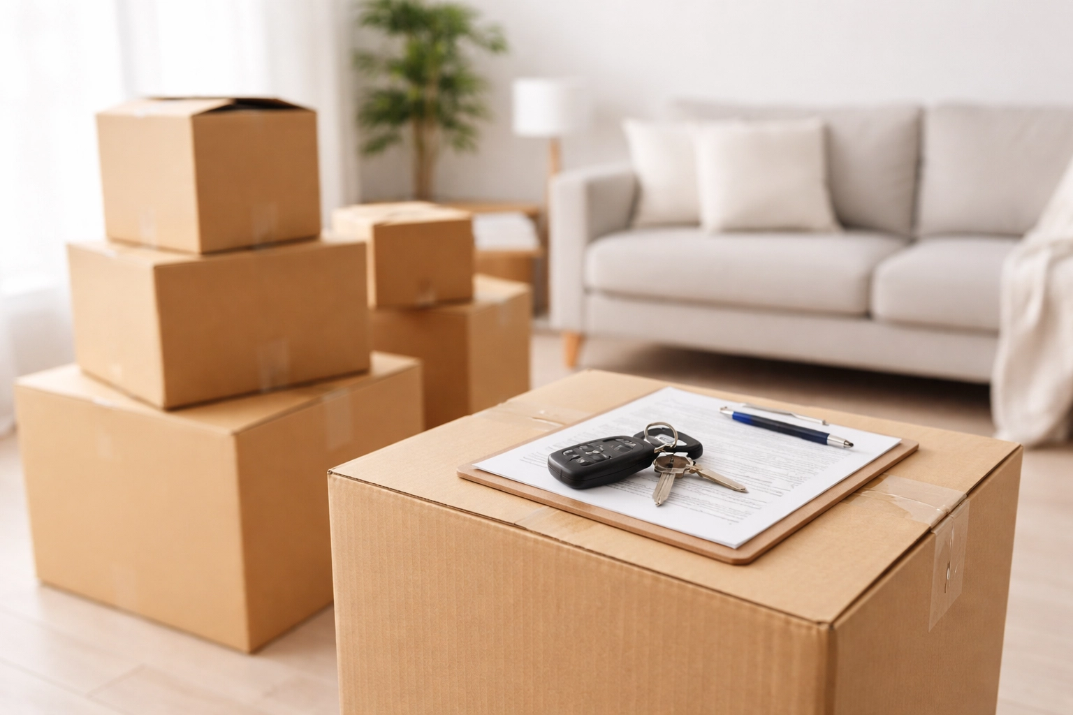 Moving boxes with vehicle documents and keys in a bright living room, representing PCS notary essentials for Delta Junction military families.