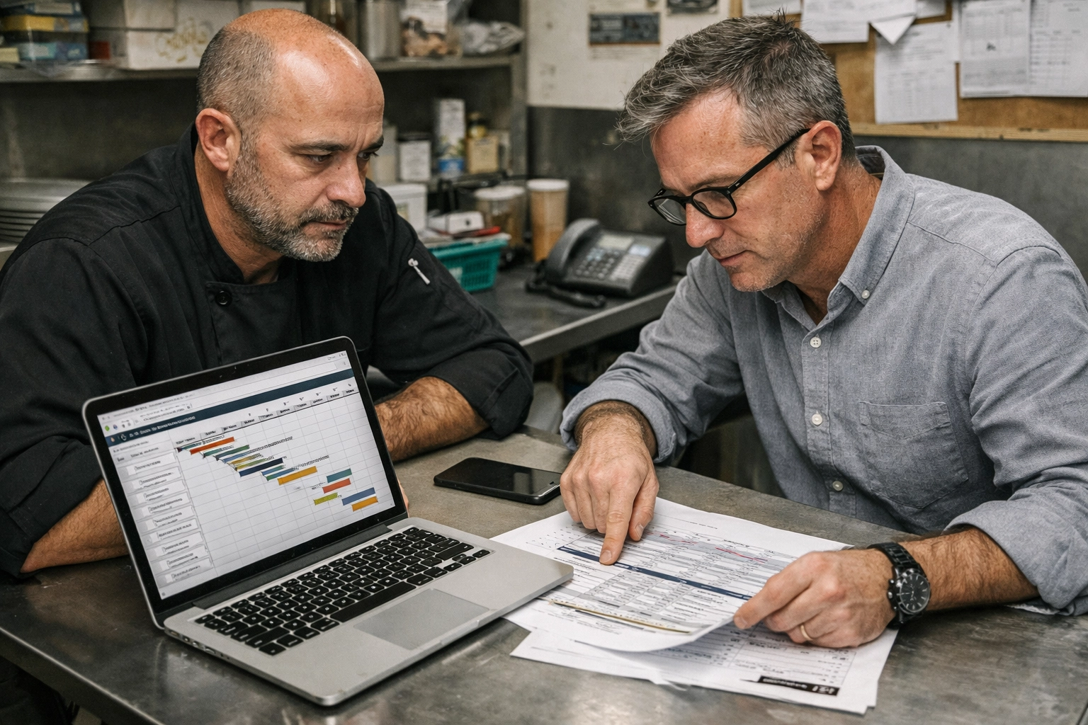 Restaurant operator and fractional CTO-style advisor reviewing an implementation roadmap in a functional back-office setting.