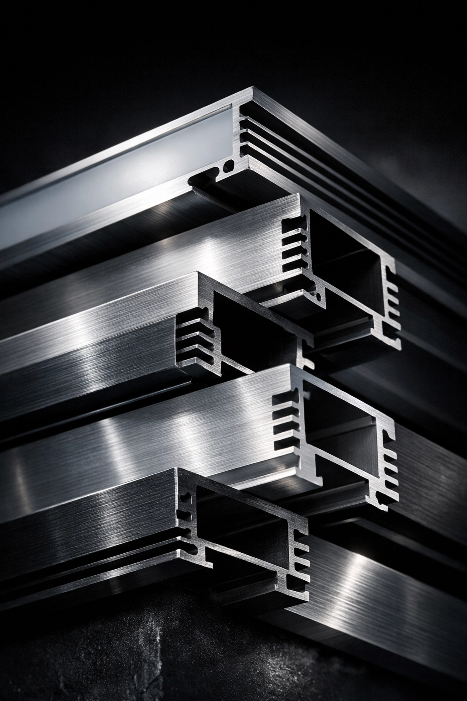 Durable extruded aluminum LED profiles with integrated heat sink cooling fins.