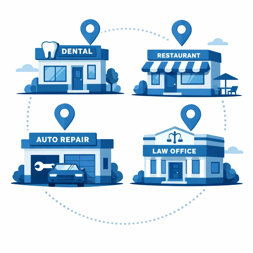 Local service businesses including dental office, restaurant, auto shop, and law firm