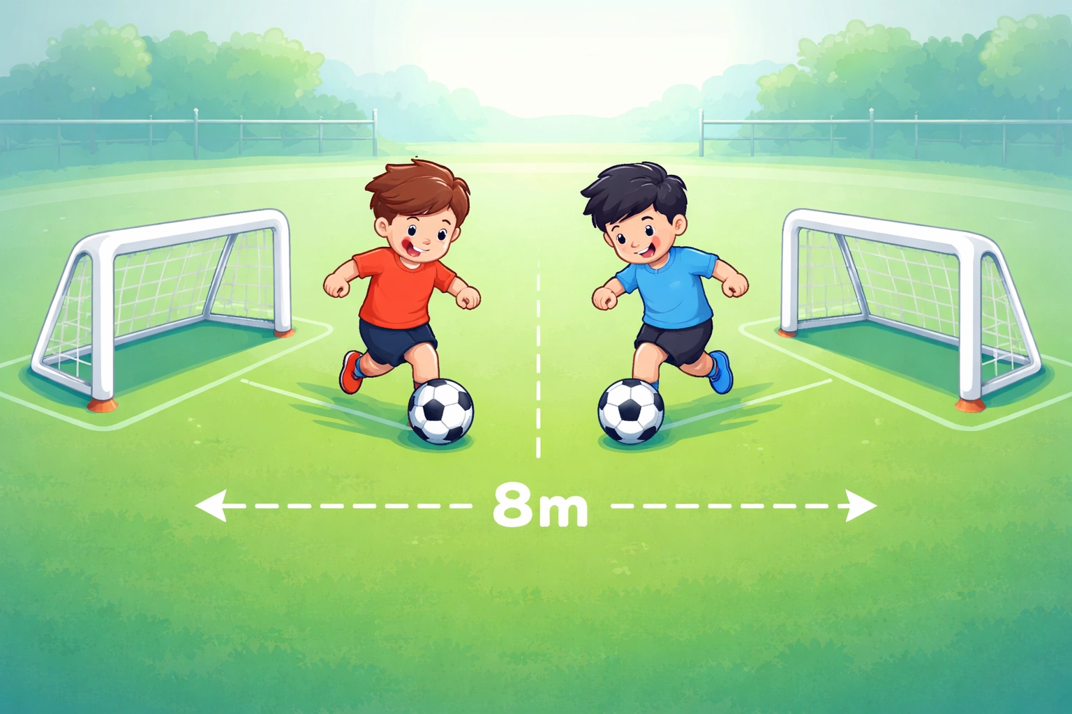 Two young football players racing to score at side-by-side mini goals in a fun soccer shooting drill for kids.