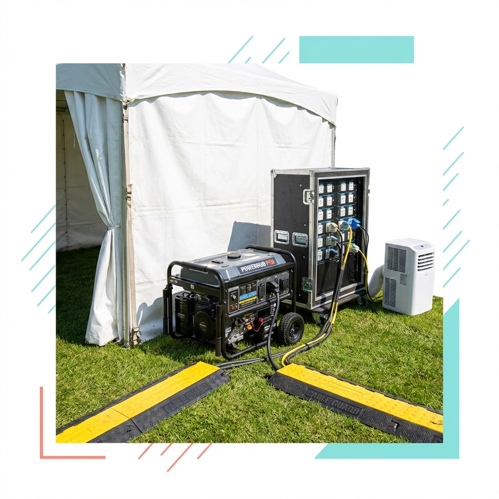 Outdoor event generator and power setup beside white tent for portable venue power and logistics