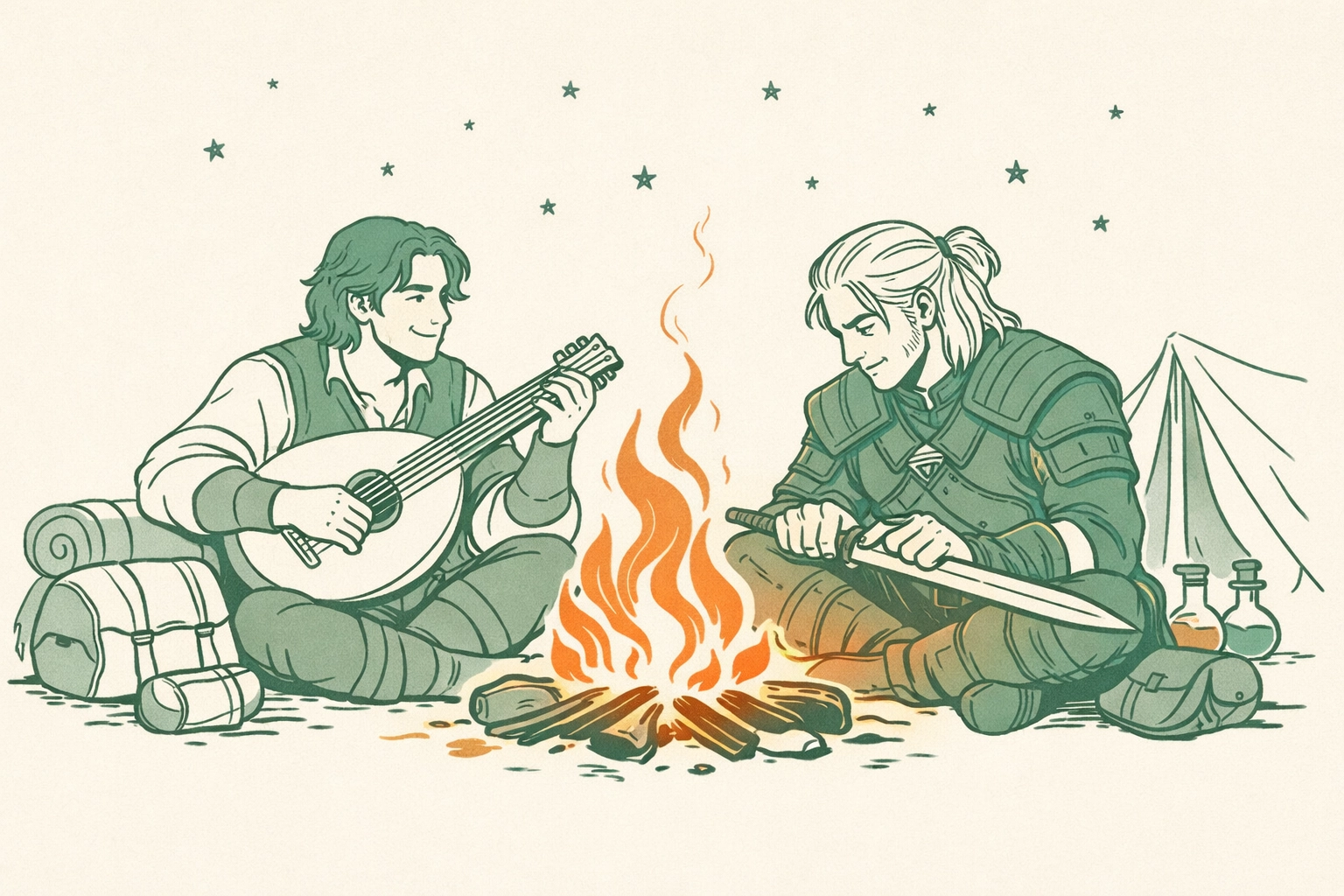 Witcher and bard companion sharing intimate campfire moment - MM fantasy romance adventure